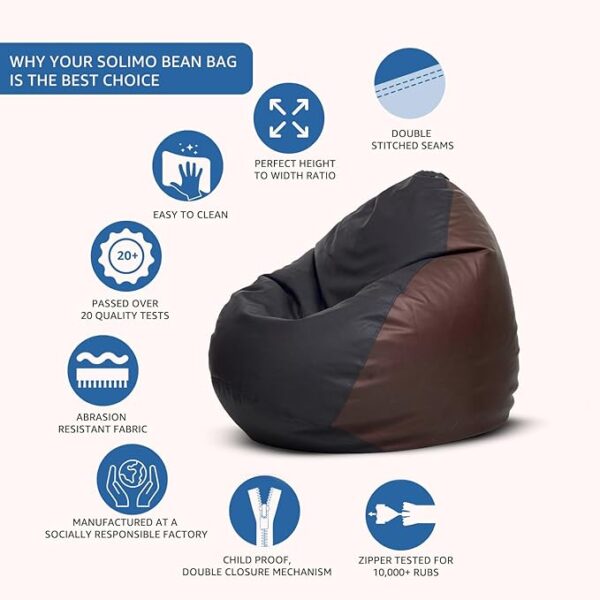 Amazon Brand Solimo Premium Faux Leather Bean Bag, Filled with Beans | Capacity: Upto 6 Ft Height, 120 KG Weight | 3XL | Black and Brown