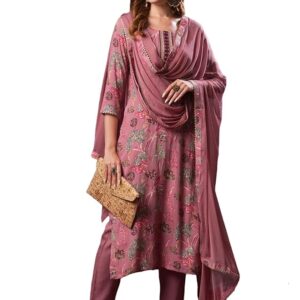 GoSriKi Women's Rayon Blend Printed Straight Kurta with Pant & Dupatta