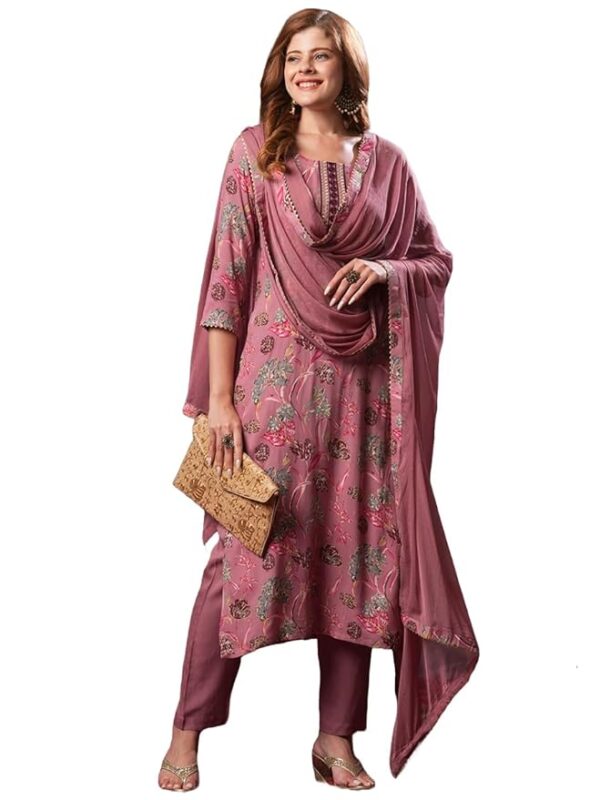 GoSriKi Women's Rayon Blend Printed Straight Kurta with Pant & Dupatta