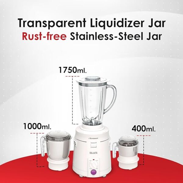 Sujata Supermix 900 Watts Mixer Grinder | 22000 Rotations Per Min | 90 Minutes Continuous Running | 3 Versatile Jars 1750 ml, 1000 ml and 400 ml