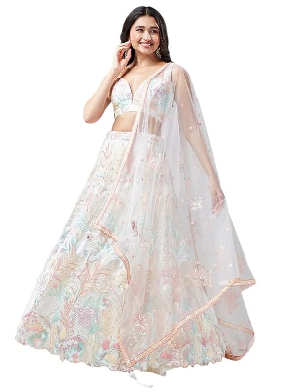 Zeel Clothing Women's Sequins Thread Embroidered Georgette Lehenga Choli With Dupatta (5124-White-Women-Lehenga-Choli-Latest; Free size) (White)