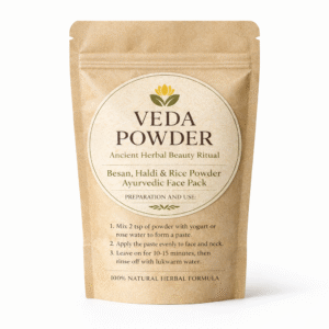 Veda Powder Ayurvedic Face Pack pouch with Besan, Haldi and Rice Powder, 100% natural herbal skincare product for glowing and tan-free skin